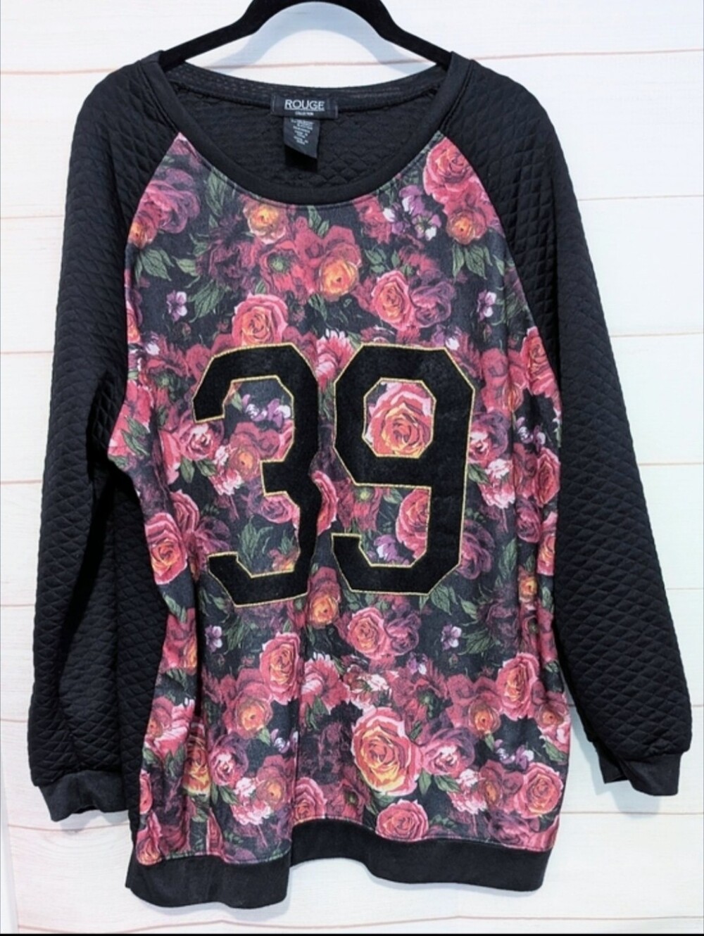 Rouge Collection Floral Quilted Crewneck Sweatshirt In Black and Pink 🩷 Size 3X